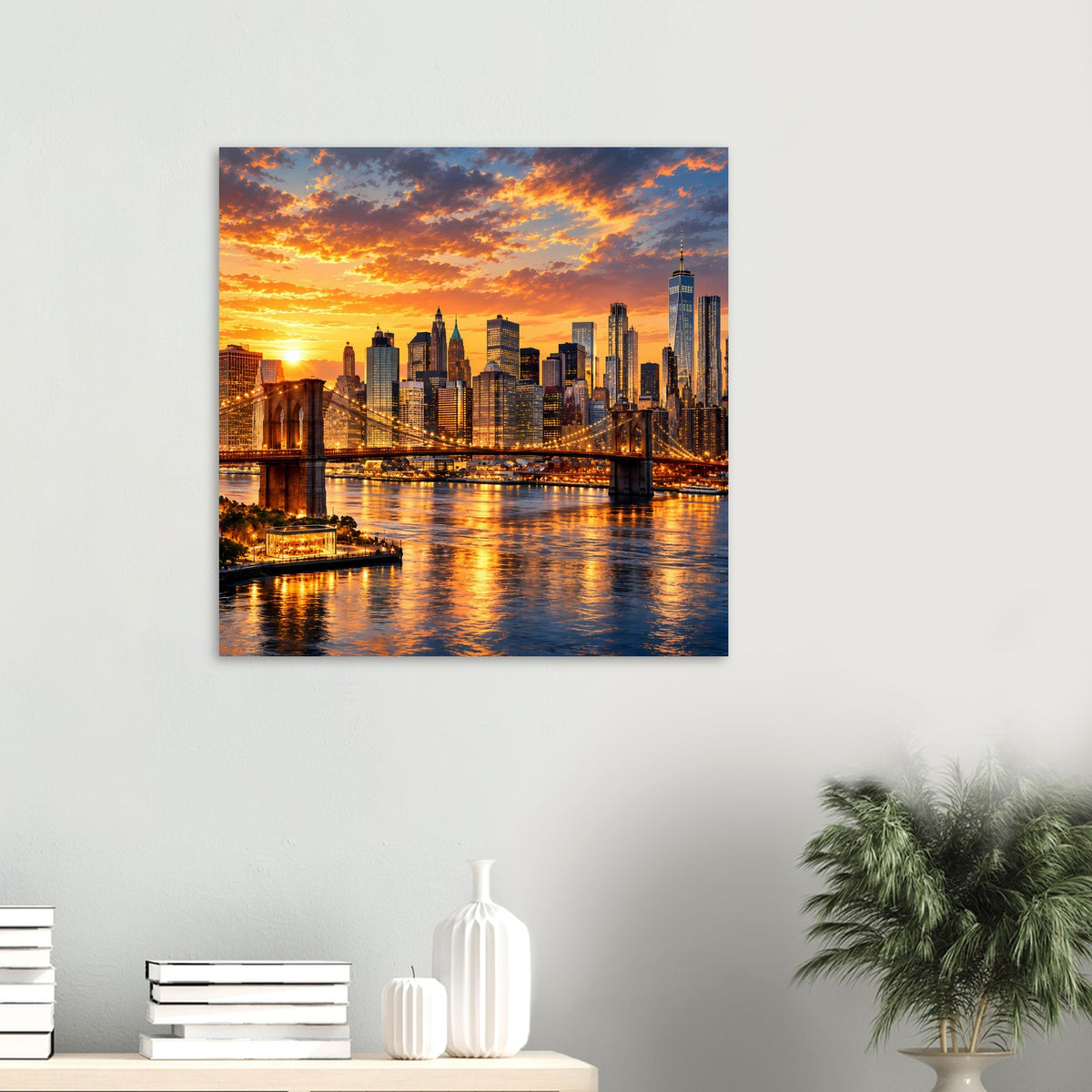 Kleines Poster im Hochformat mit New York Skyline, leuchtender Brücke und goldenem Wasser