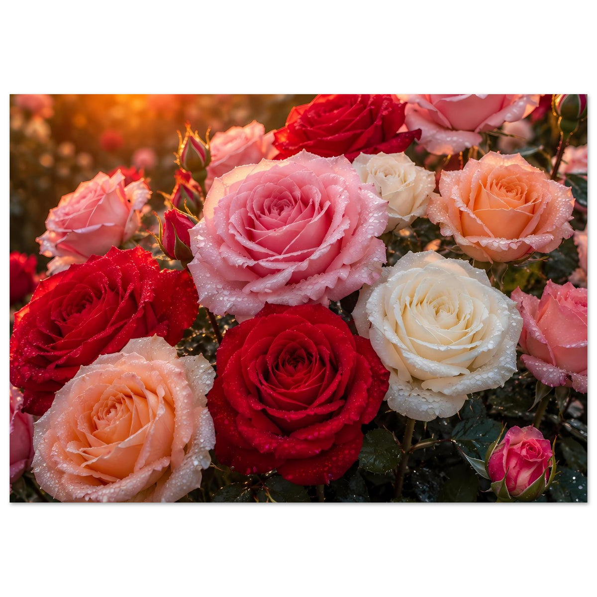 Poster mit Rosenblüten in Rot-, Rosa- und Weißtönen, taufrisch, leicht gedämpfter Bildausschnitt