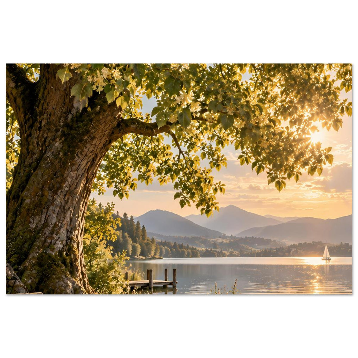 Naturposter: Baumkrone mit goldenen Blättern über See, Steg und ferne Berge