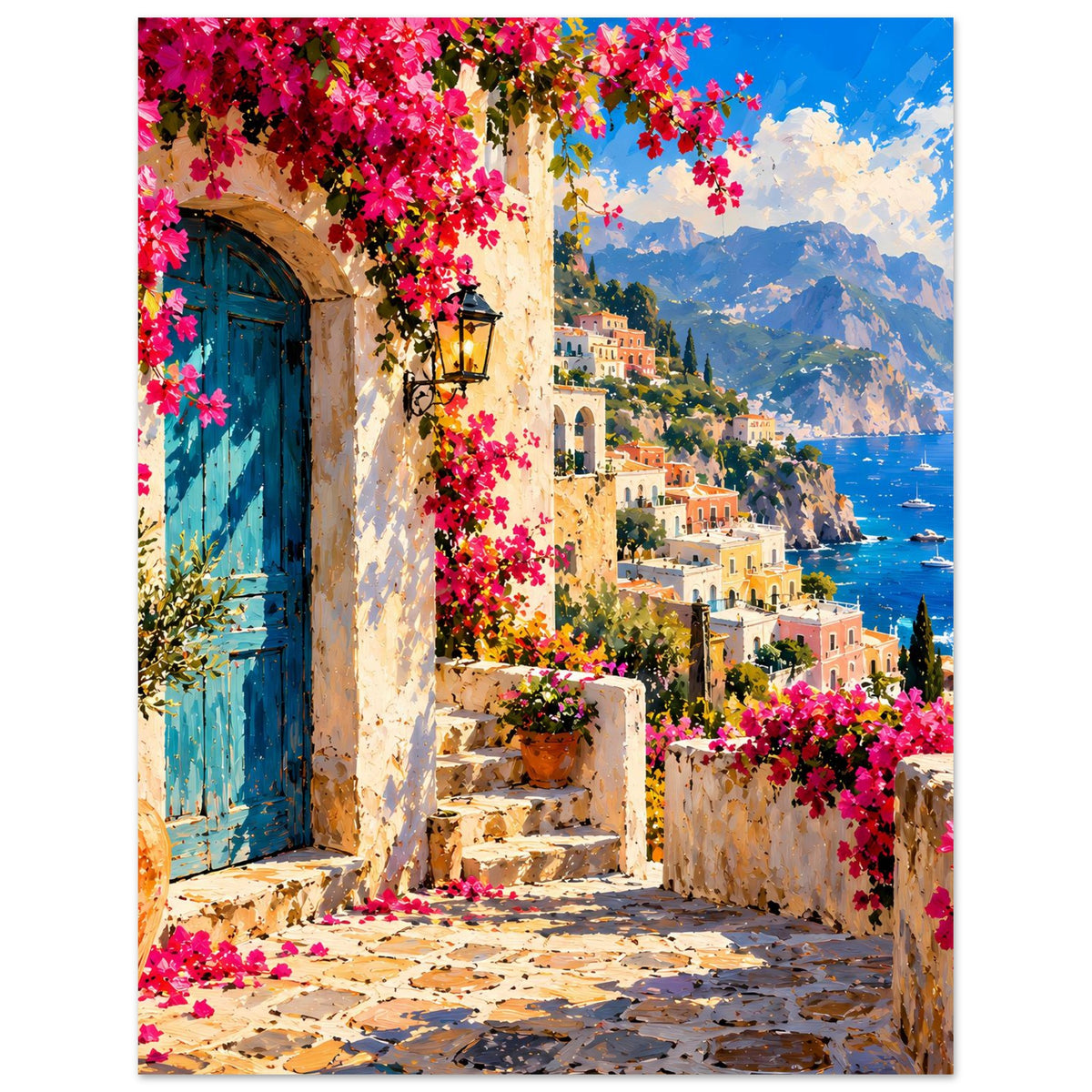 Poster: blauer Türrahmen, laternenbeleuchteter Treppenabsatz, Bougainvillea und Küstenmeer