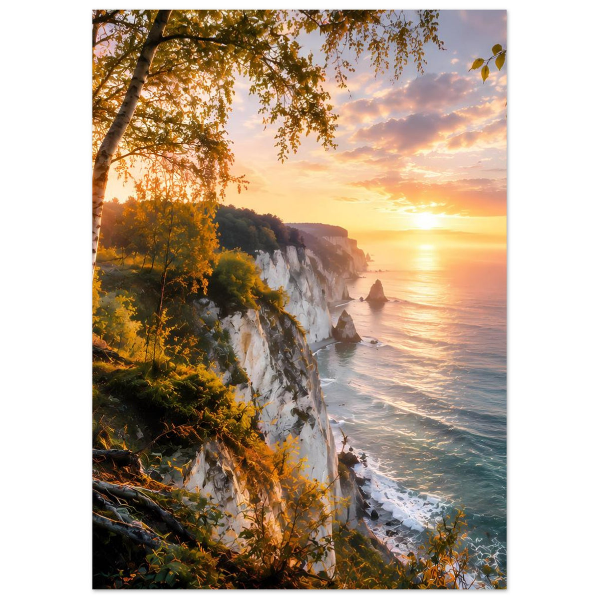 Poster mit Küste bei Abendlicht, Felsklippen, Meer und Bäume