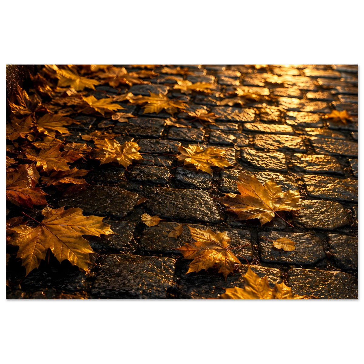 Herbstliches Wandposter im Querformat mit goldenen Ahornblättern auf dunklem Stein