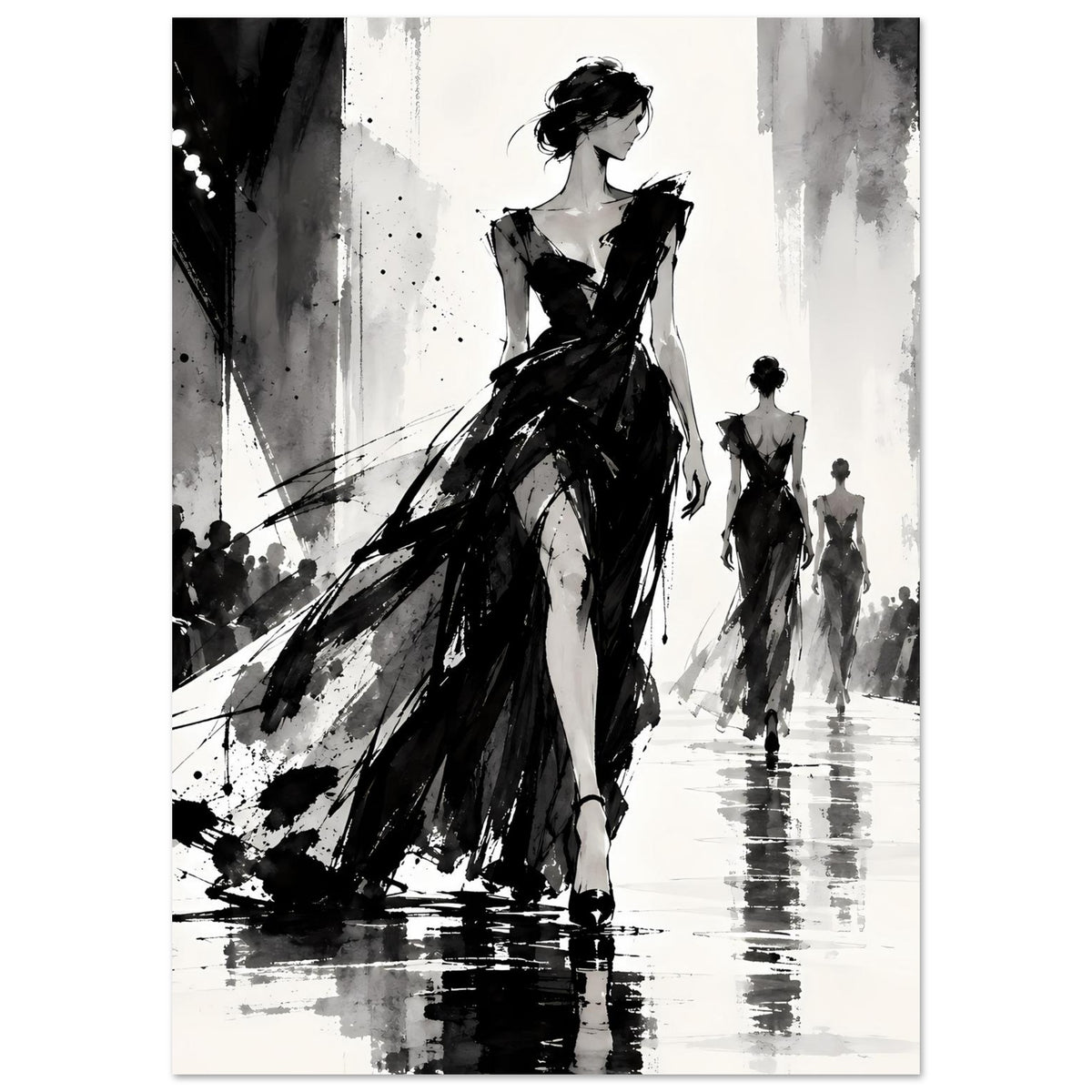 Vertikales Mode-Illustrationsposter Schwarzweiß: lange Abendgarderobe, mittlere Figur
