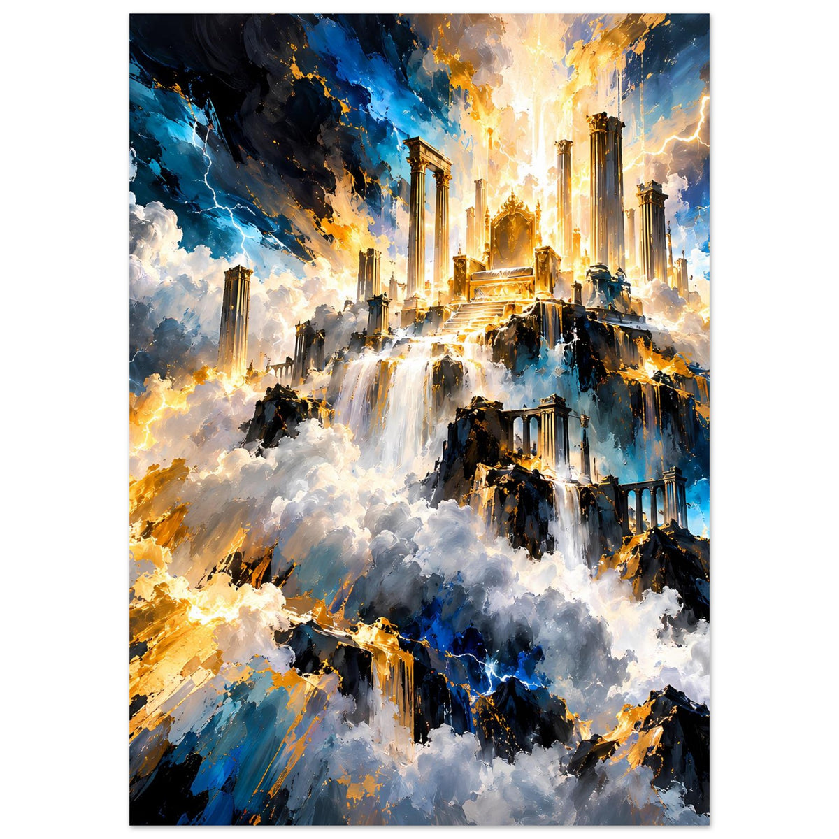 Fantasy-Poster mit hoher Komposition: goldener Lichtstrahl über Ruinen und Wolken