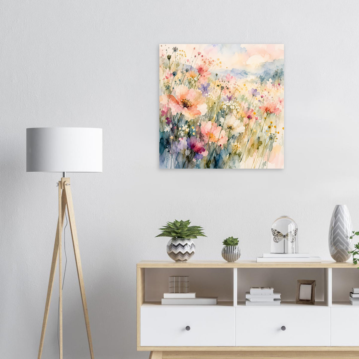 Quadratisches Wildblumen-Aquarellposter mit Pastellfarben und zarten Blütenstrichen