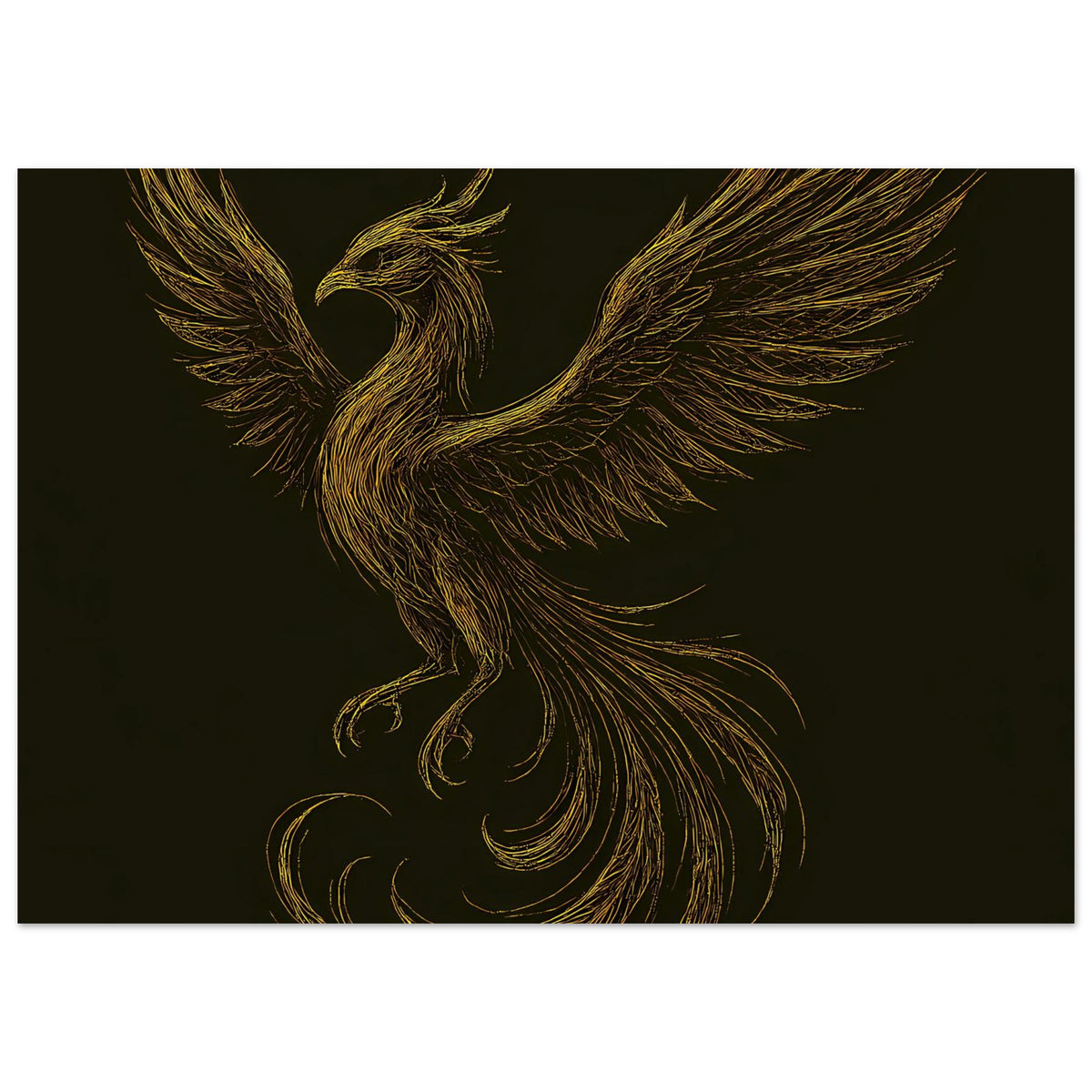 Poster mit goldenem Phönix, ausgebreiteten Schwingen, auf dunklem Hintergrund