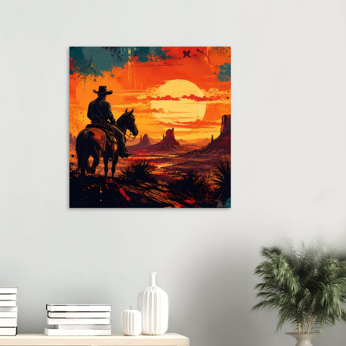 Quadratisches Western-Cowboy-Poster mit Reiter auf Pferd im orange-roten Sonnenuntergang