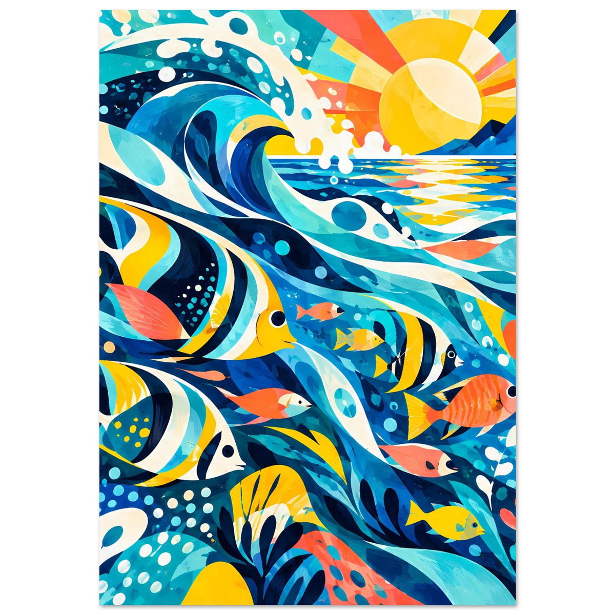 Tropisches Ozean-Poster mit Fischen in Blau, Orange und Gelb sowie Sonnenstrahlen