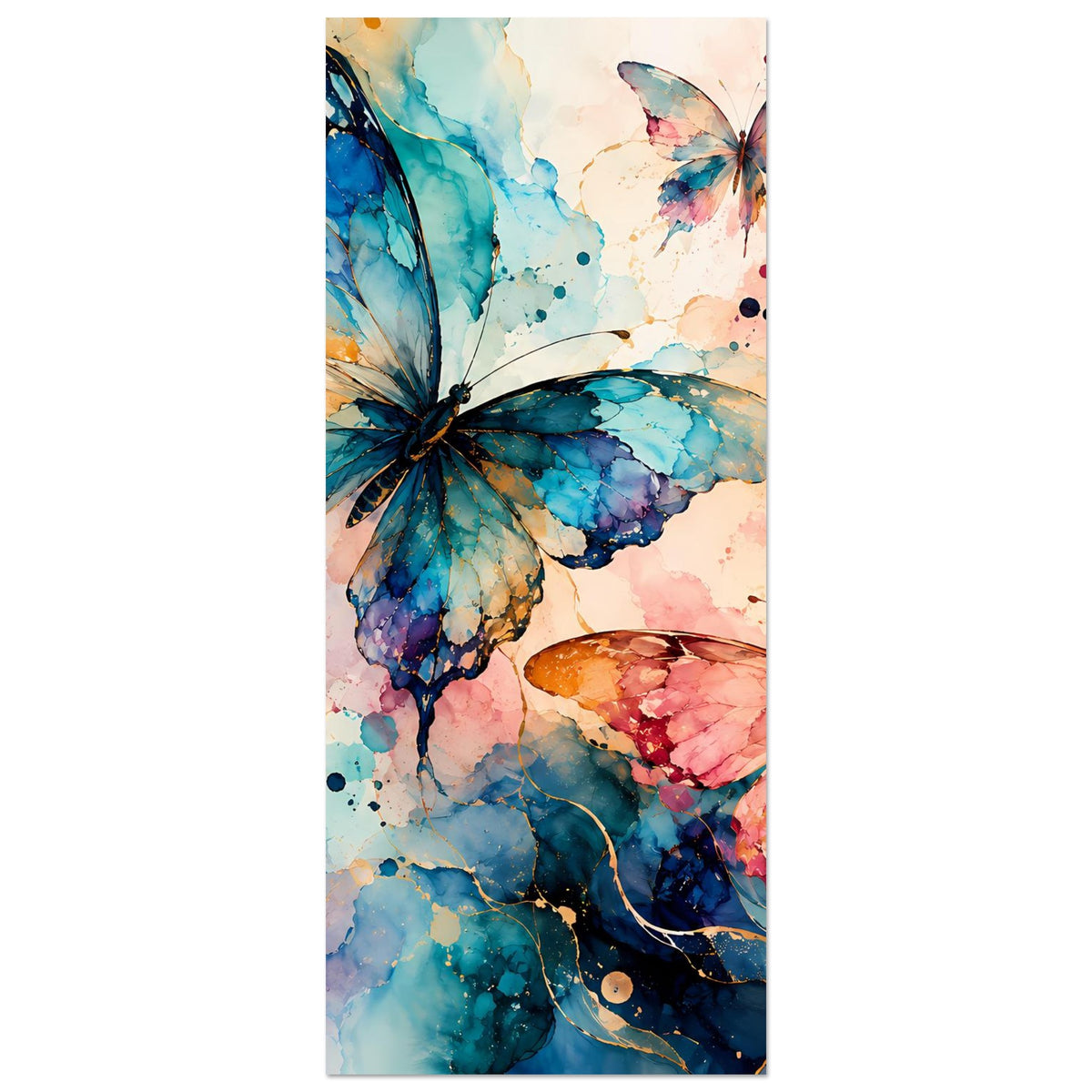 Vertikales Naturposter mit Aquarell-Schmetterlingen in Blau und Rosa