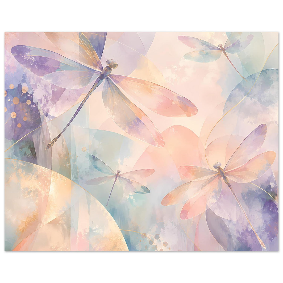 Pastellposter mit Libellenmotiv in Pfirsich, Lavendel und Hellblau, horizontal