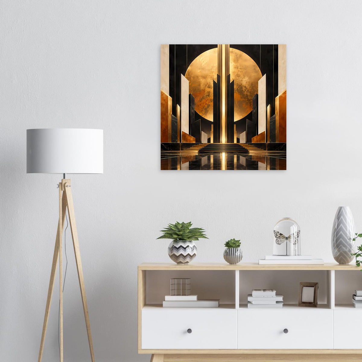 Art-Deco-Poster mit goldener Säule, schwarzem Hintergrund und gold-schimmerndem Bodenraster