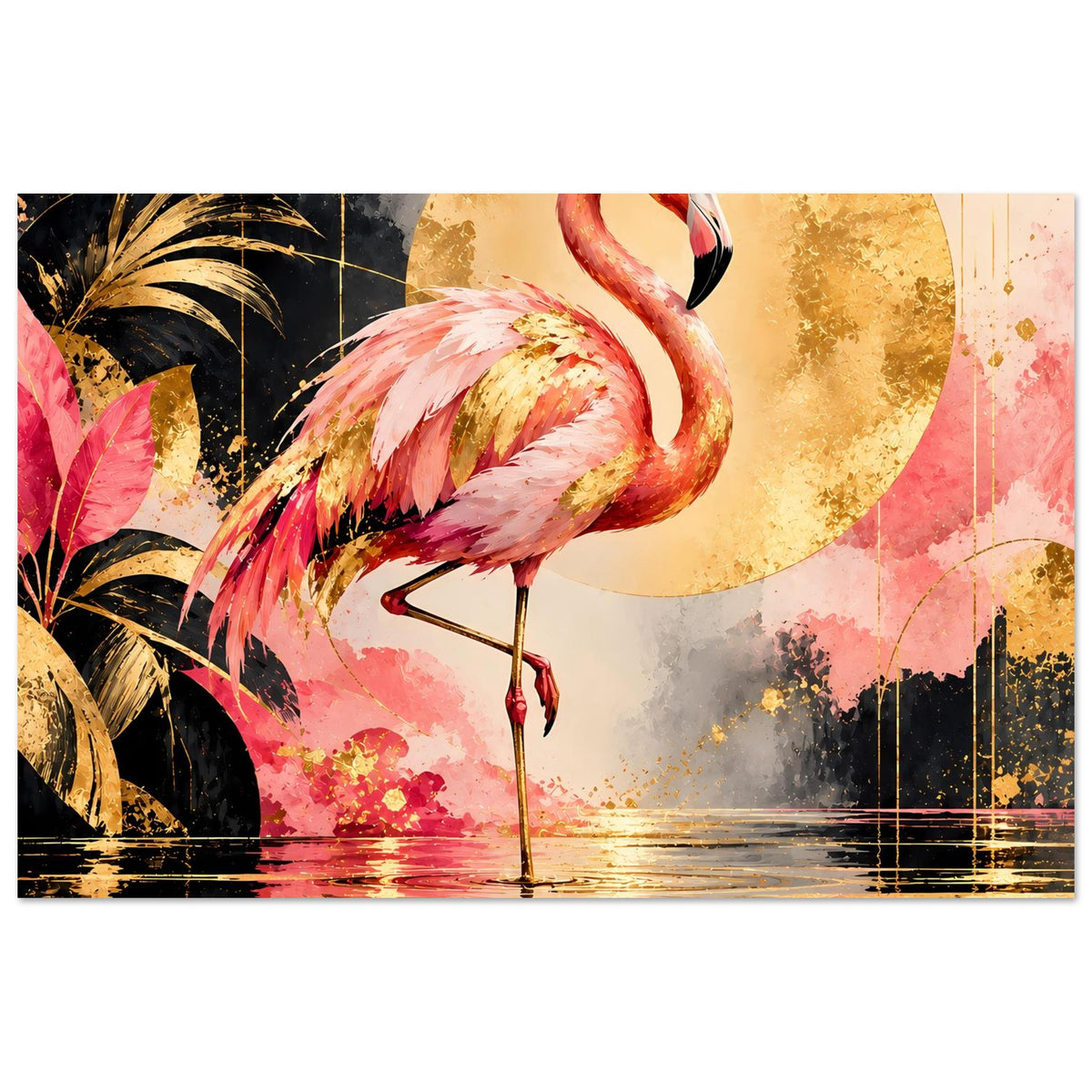 Luxus-Tierposter: Flamingo in Rosa mit goldenen Akzenten, Spiegelbild im Wasser und Tropf-Texturen