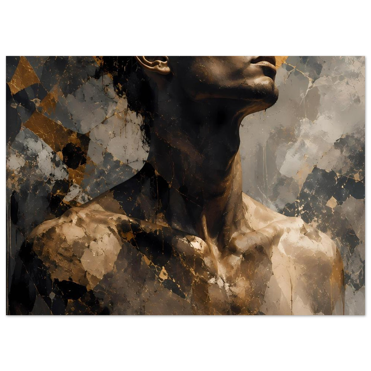 Nahansicht des abstrakten Männerportraits im Kunstposter: schwarze Haare, goldbraune Sprenkel, Farbflecken.