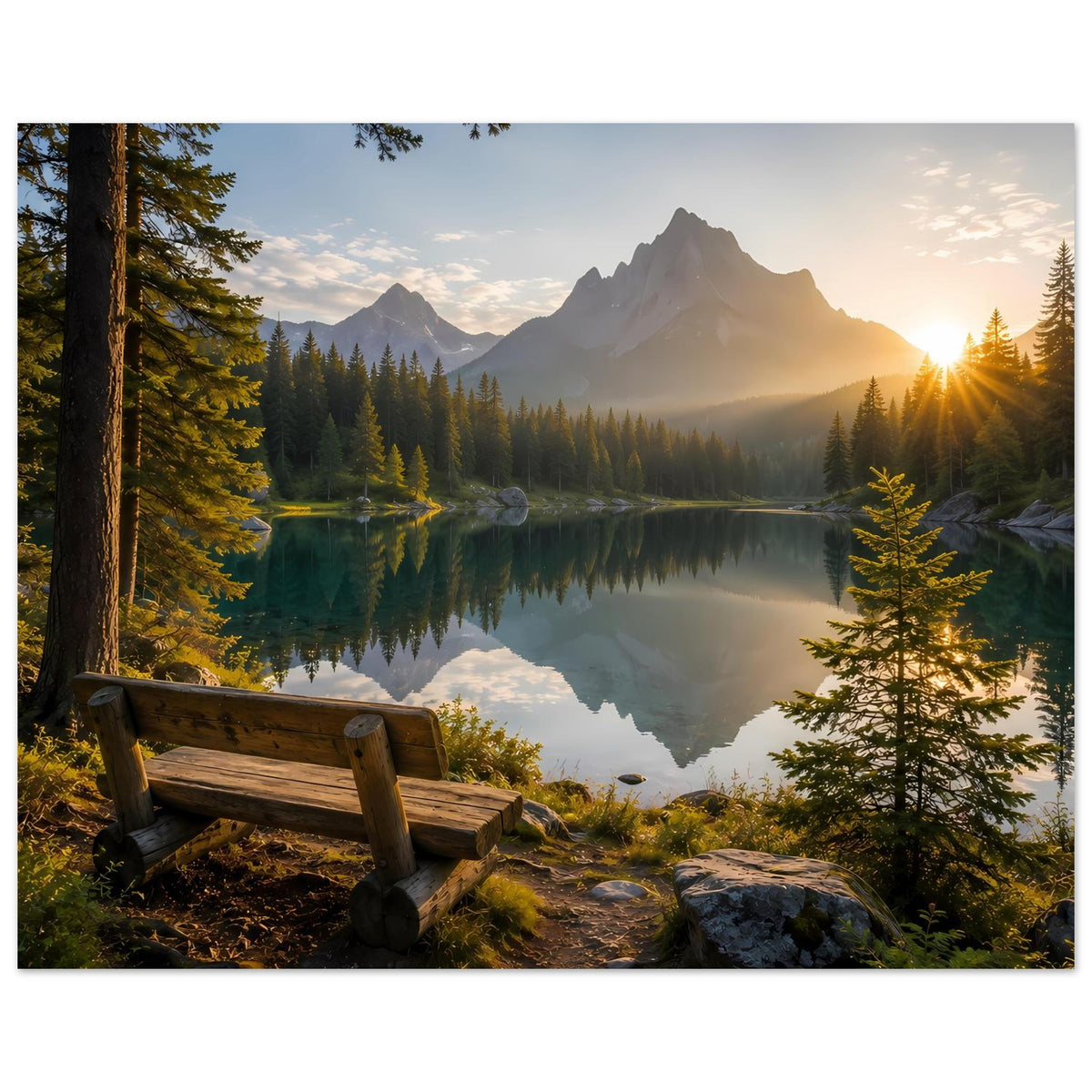 Wandposter mit Bergsee und Sonnenstrahlen, Tannenwald, Spiegelung im Wasser und Bank.