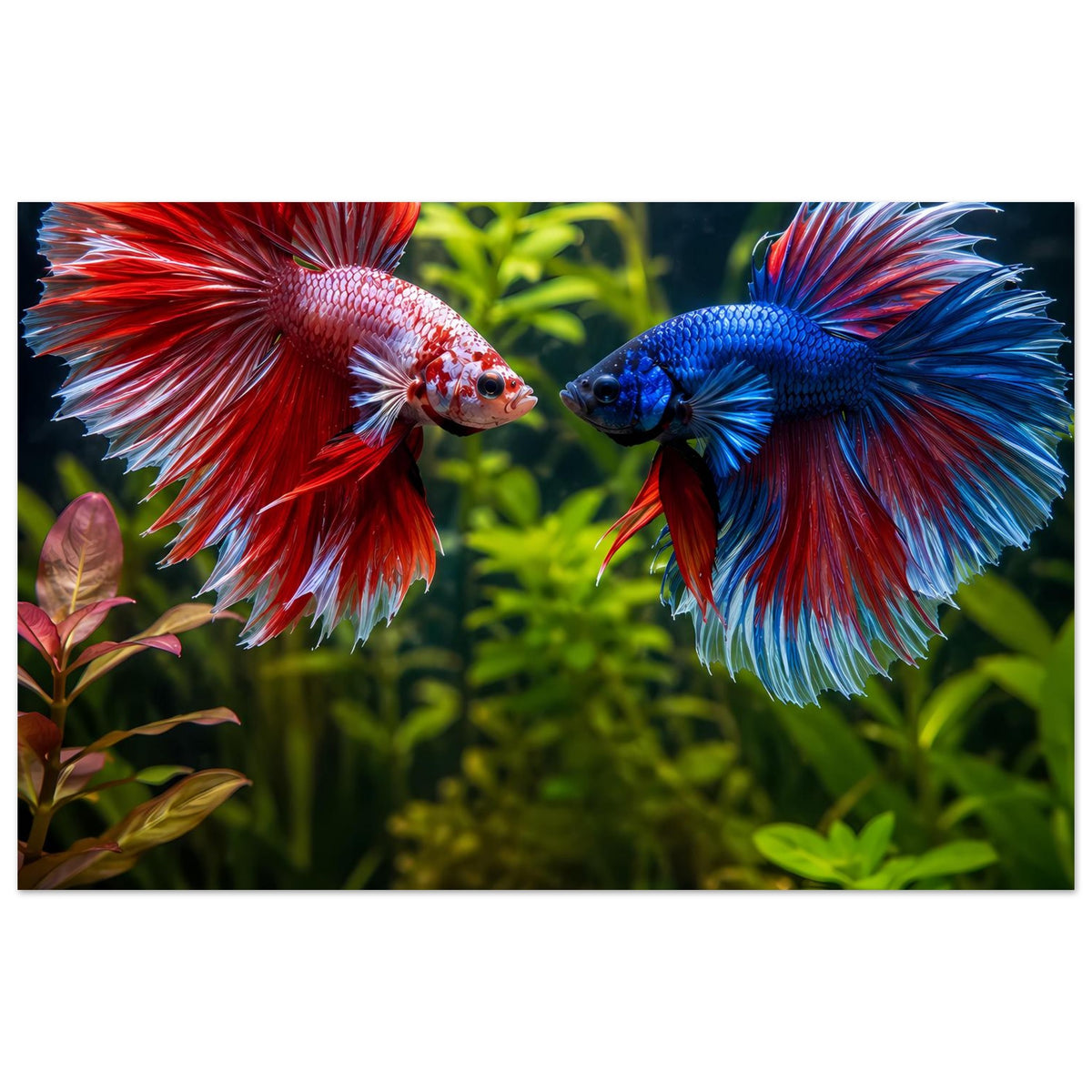 Poster mit zwei Betta-Fischen, roter und blauer Flosse, nebeneinander im Querformat