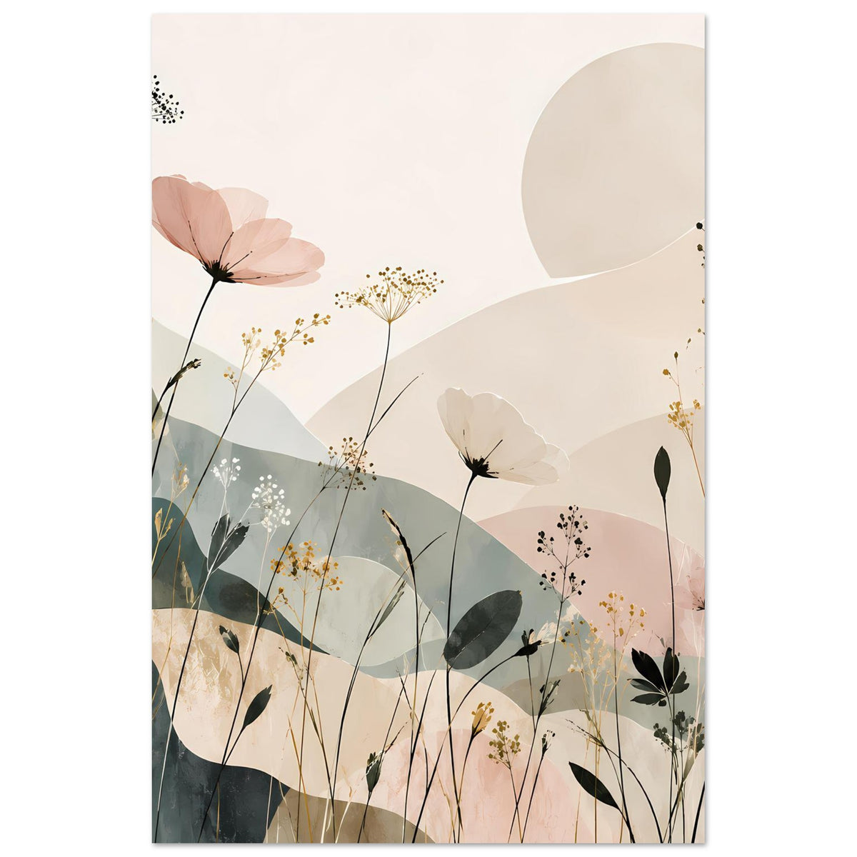 Blumenposter im Hochformat mit Pastellblüten, Gräsern und sanften Bogenformen auf mattem Papier