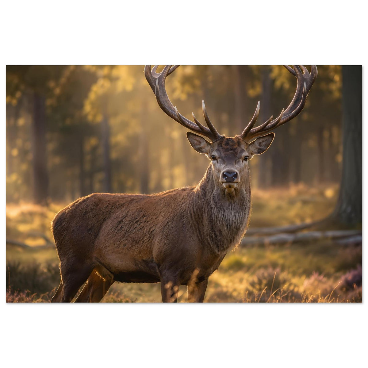 Hirschposter mit braunem Hirsch, sichtbarem Geweih und ruhigem Blick