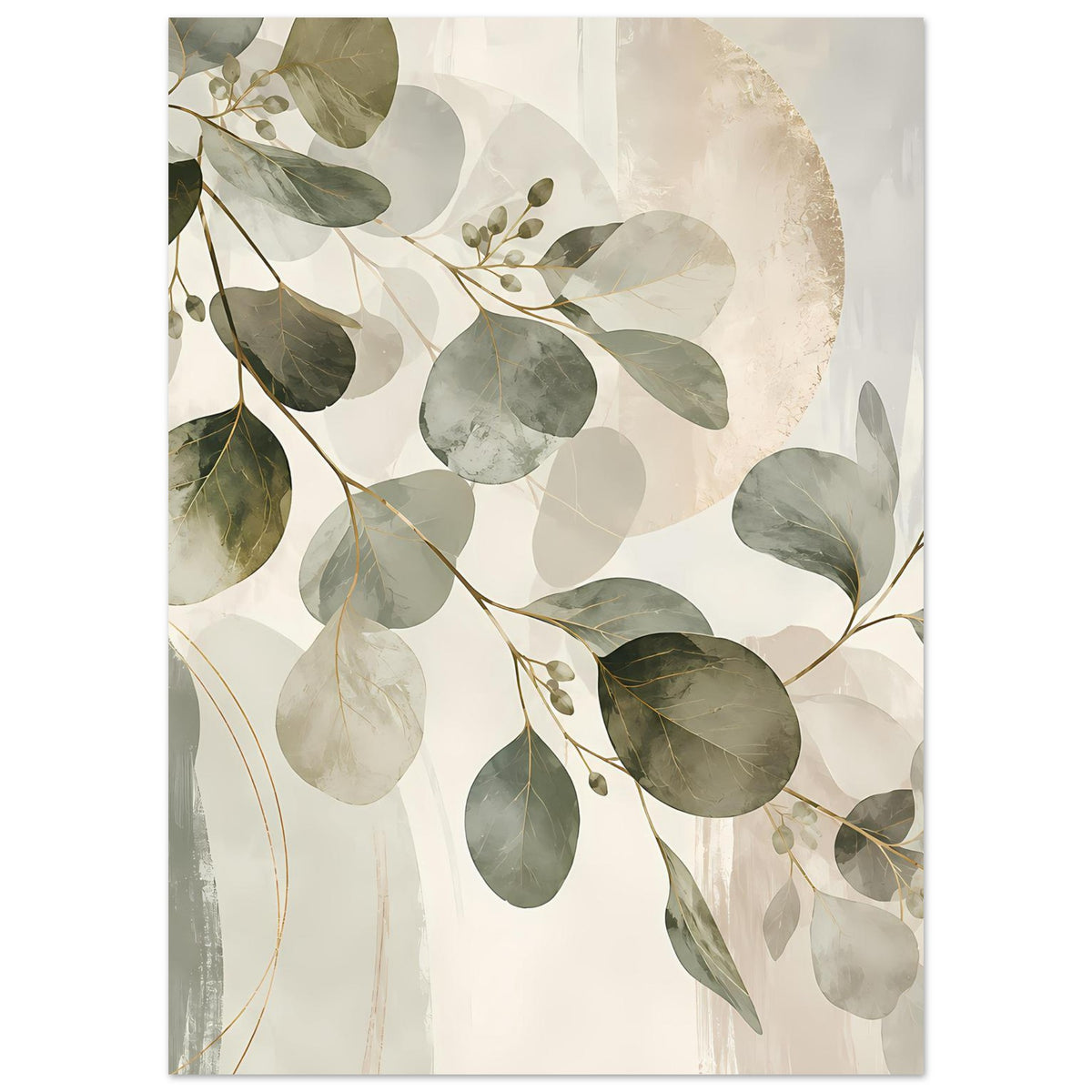 Botanisches Poster mit Eukalyptus-ähnlichen Blättern, erdige Grüntöne, beige und goldene Linien