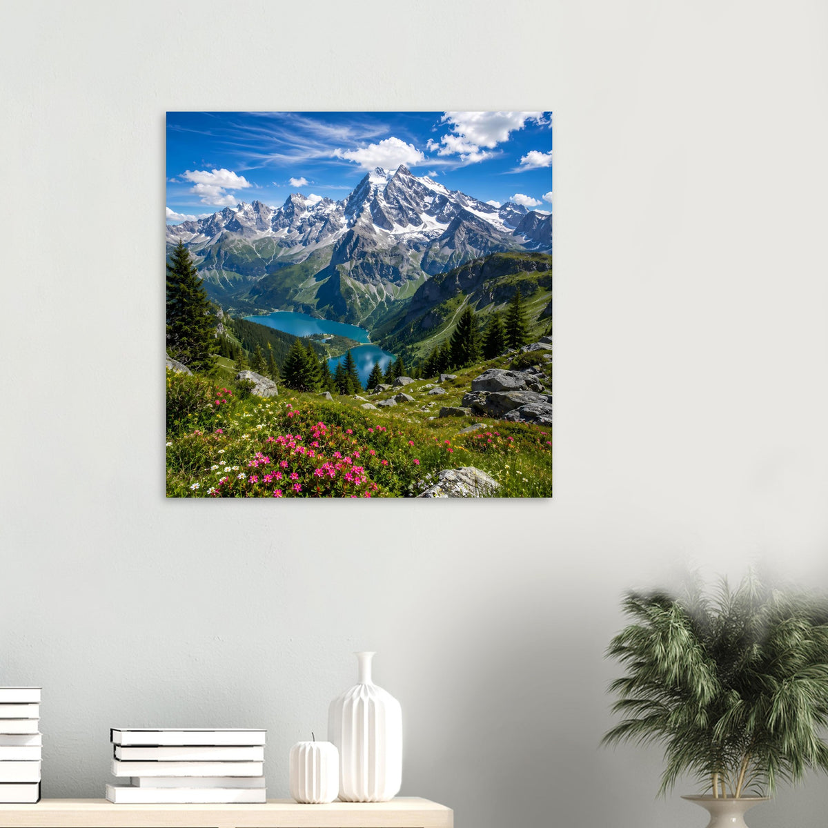 Landschaftsposter (klein, quadratisch) mit Alpenbergen, blauem See und pinken Blüten
