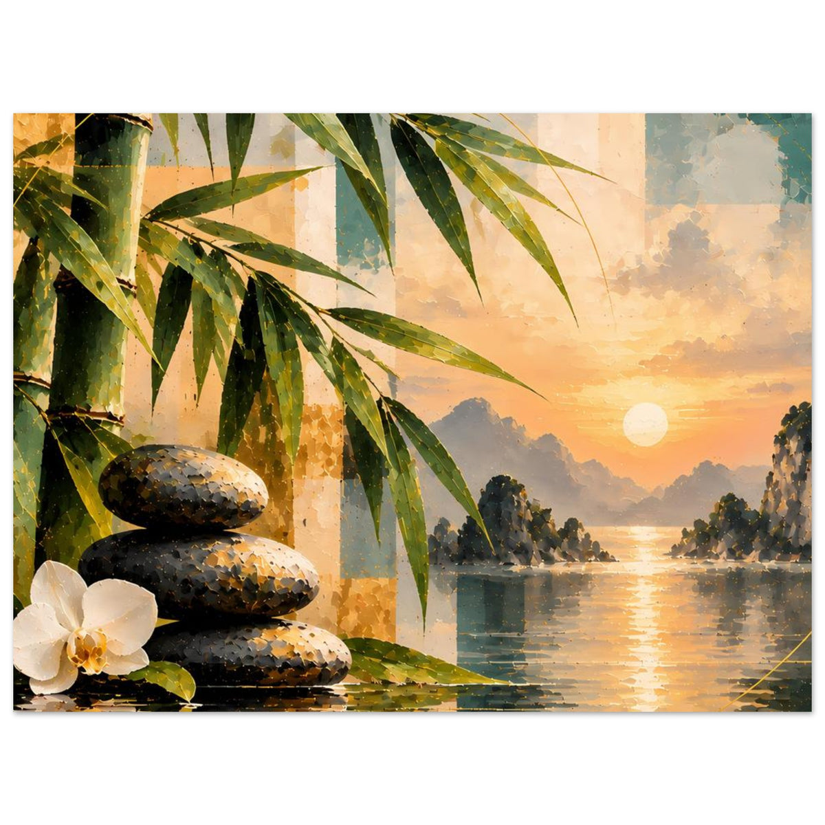 Horizontales Poster mit Bambusblättern, Steinen, weißer Orchidee und See bei Sonnenuntergang
