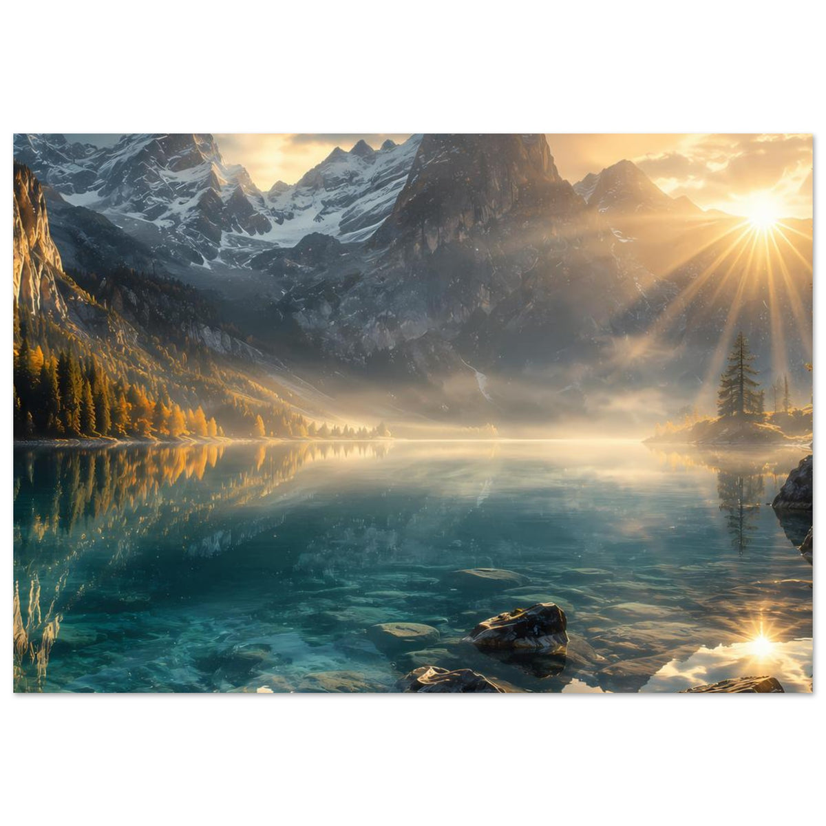 Horizontales Landschaftsposter mit Bergsee, Felsen, Talsebene und Sonnenstrahlen rechts