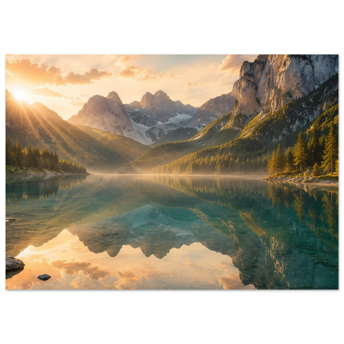 Wandposter im Querformat: Bergsee bei Sonnenaufgang, Berge und Bäume, Spiegelung