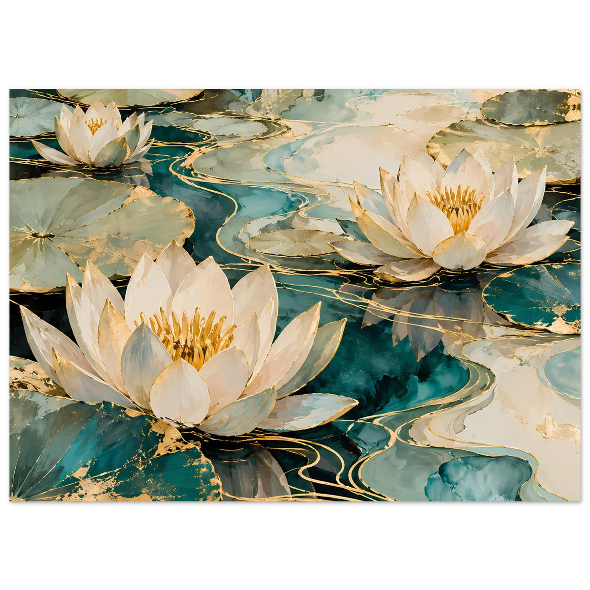 Breites Wandposter mit mehreren weißen Lotusblüten, türkisblauem Wasser und goldenen Linien