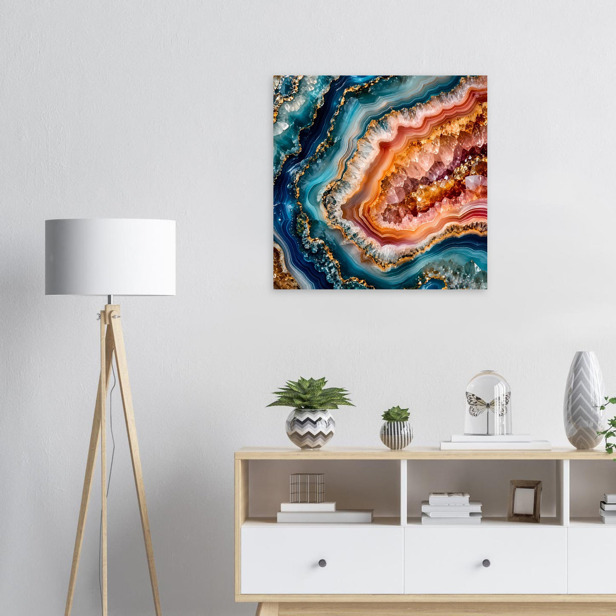 Abstrakter Geoden-Kunstdruck mit geschichteten Ringen in Blau, Orange und Gold