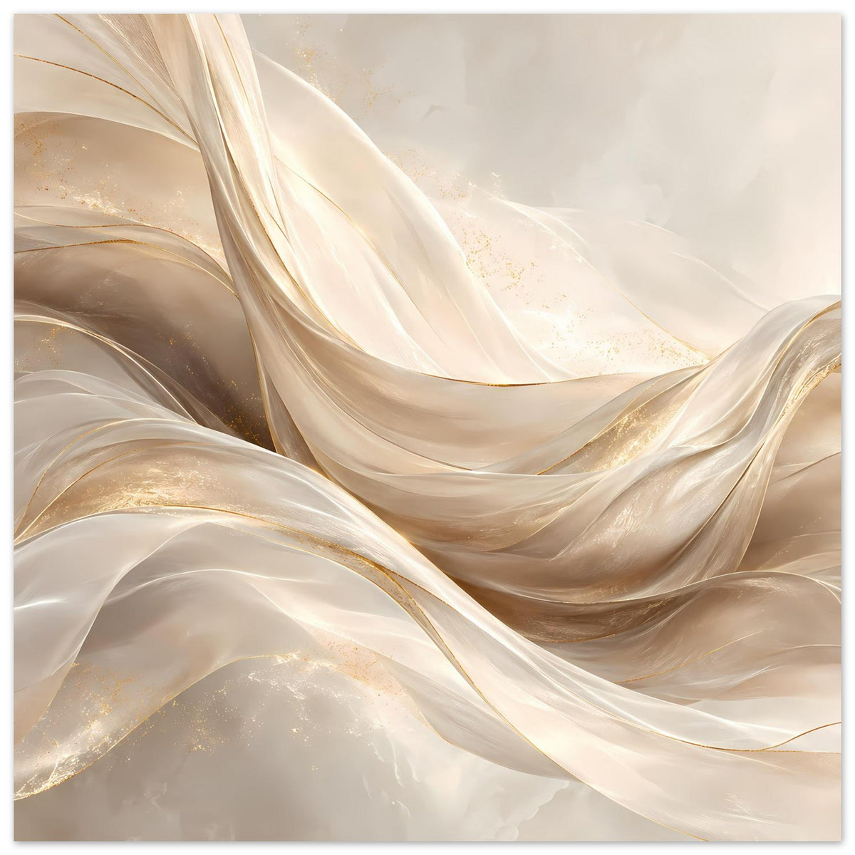 Abstraktes Leinwandposter im Querformat mit cremefarbenen und goldfarbenen, eleganten Wellen