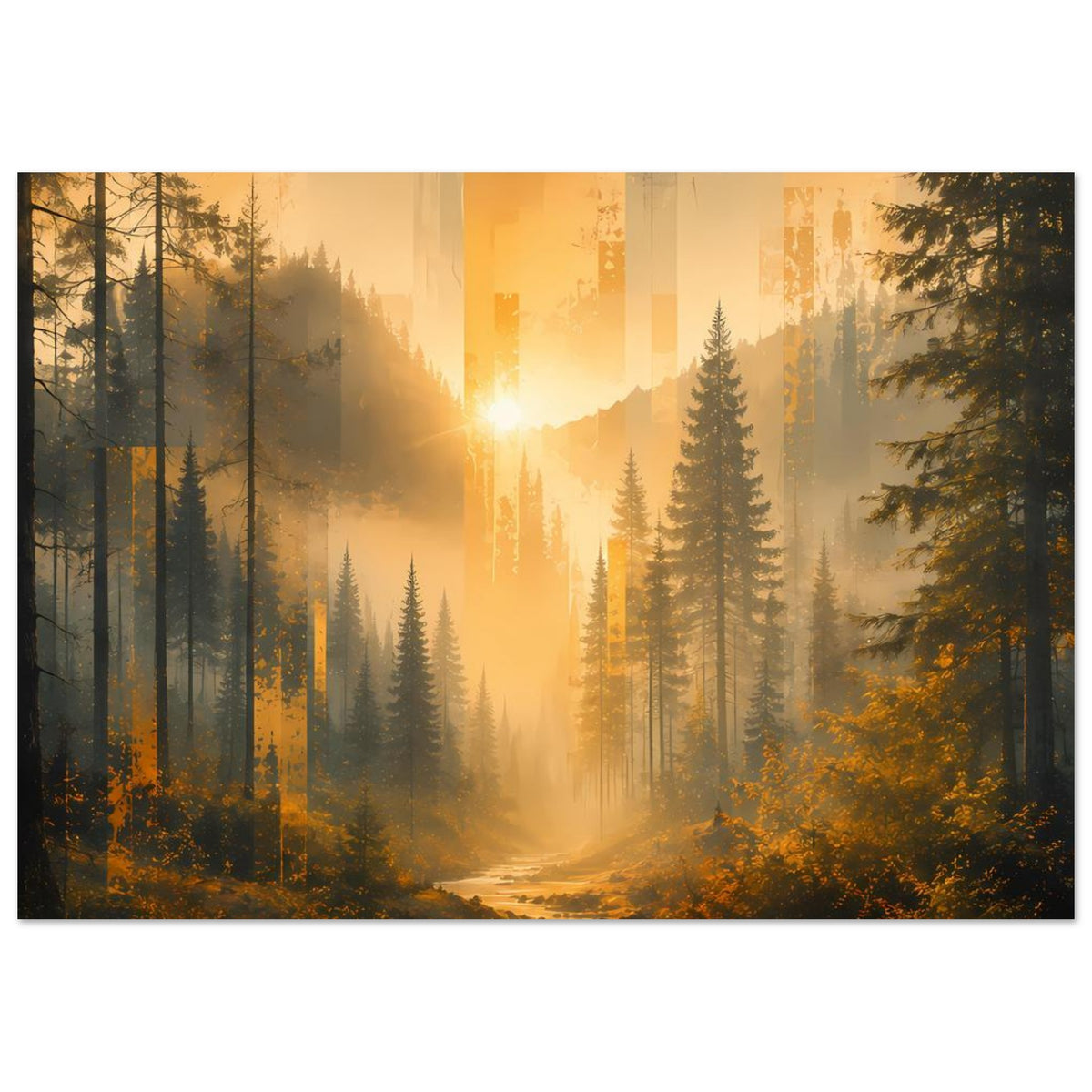 Naturposter: Lichtkegel im Wald mit Bachlauf und Fichten, Querformat