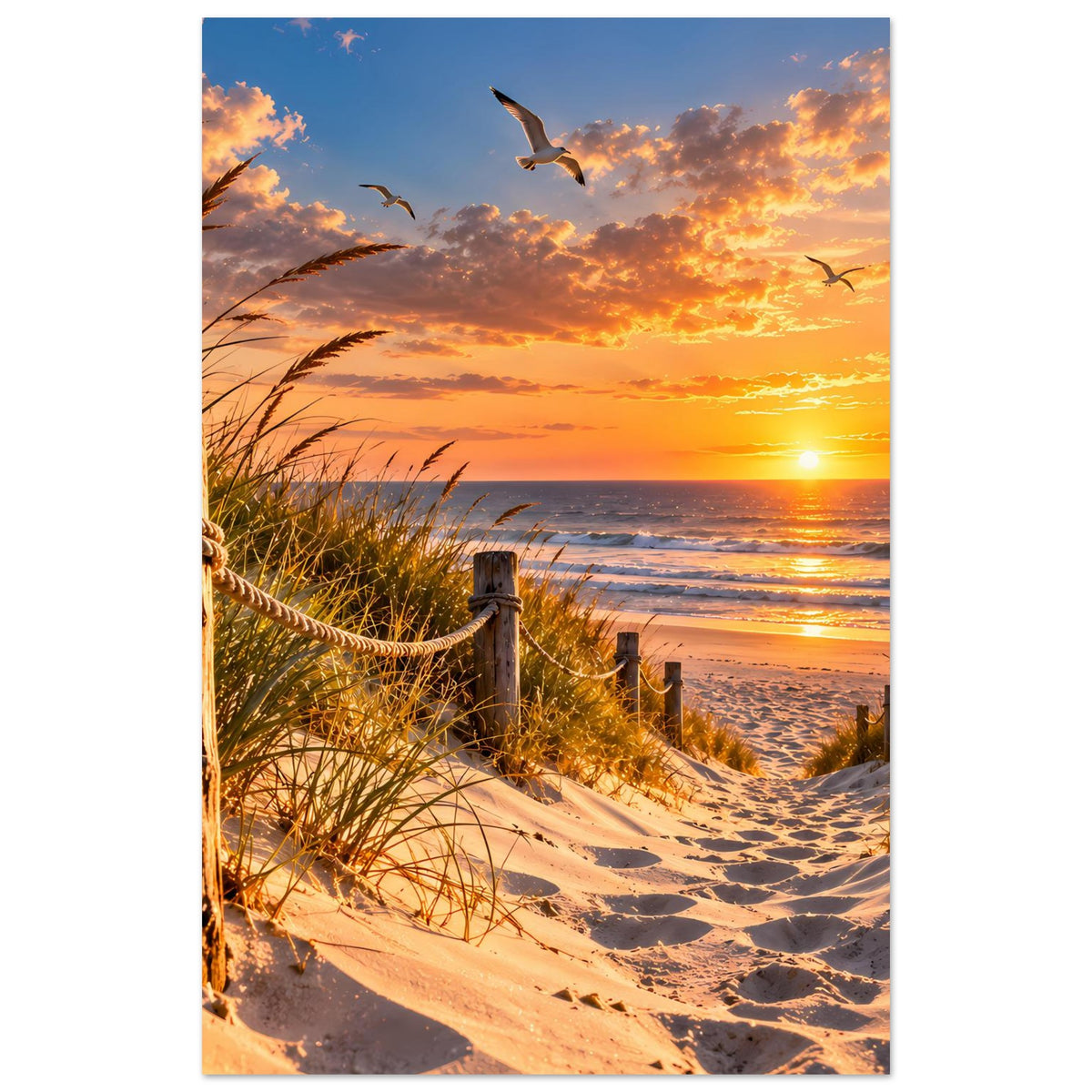 Hochformat-Strandposter: Sonnenuntergang, Sandstrand mit Schilf und Möwen