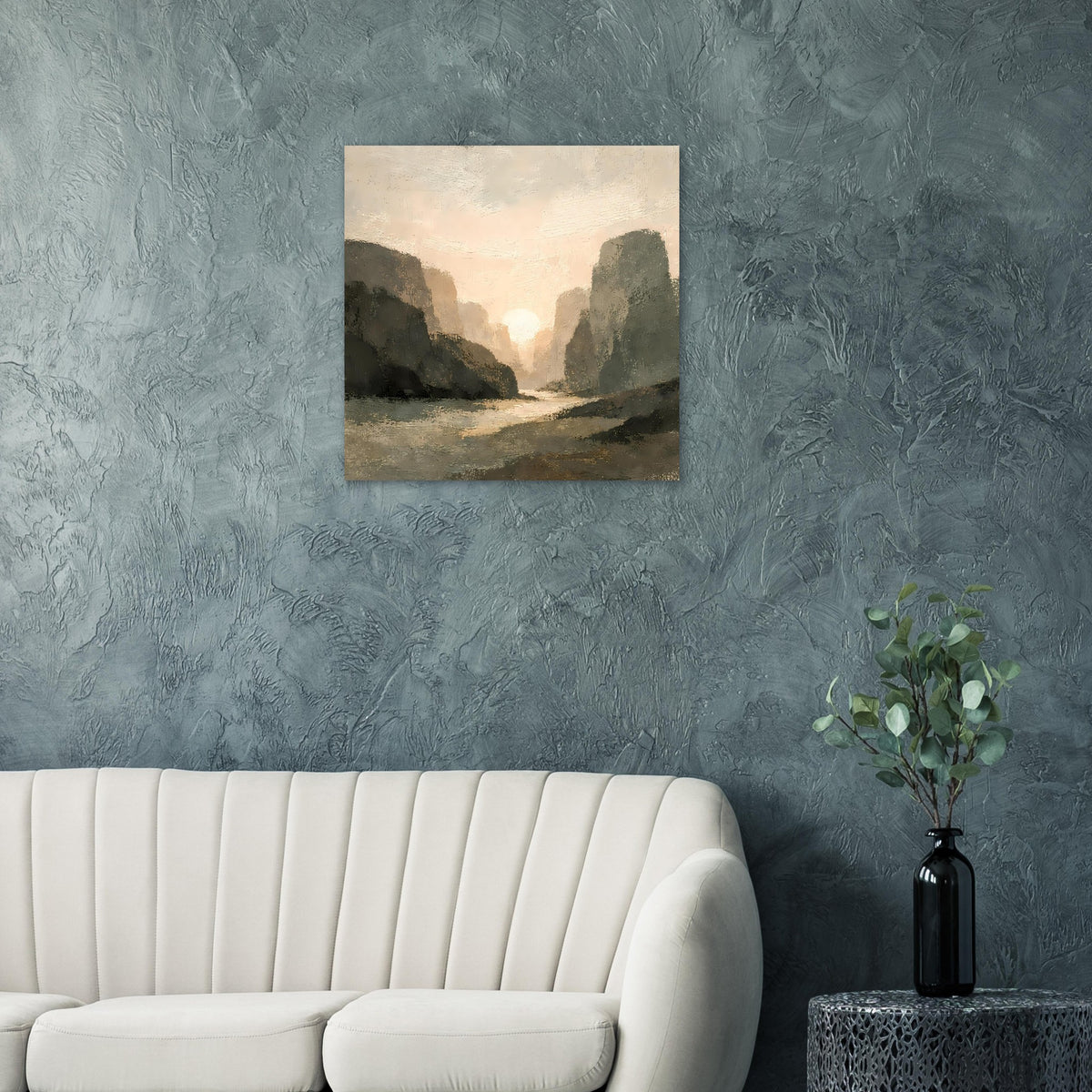 Wandposter mit Landschaft bei Sonnenuntergang: Felsen, Tal und silbriger Fluss.