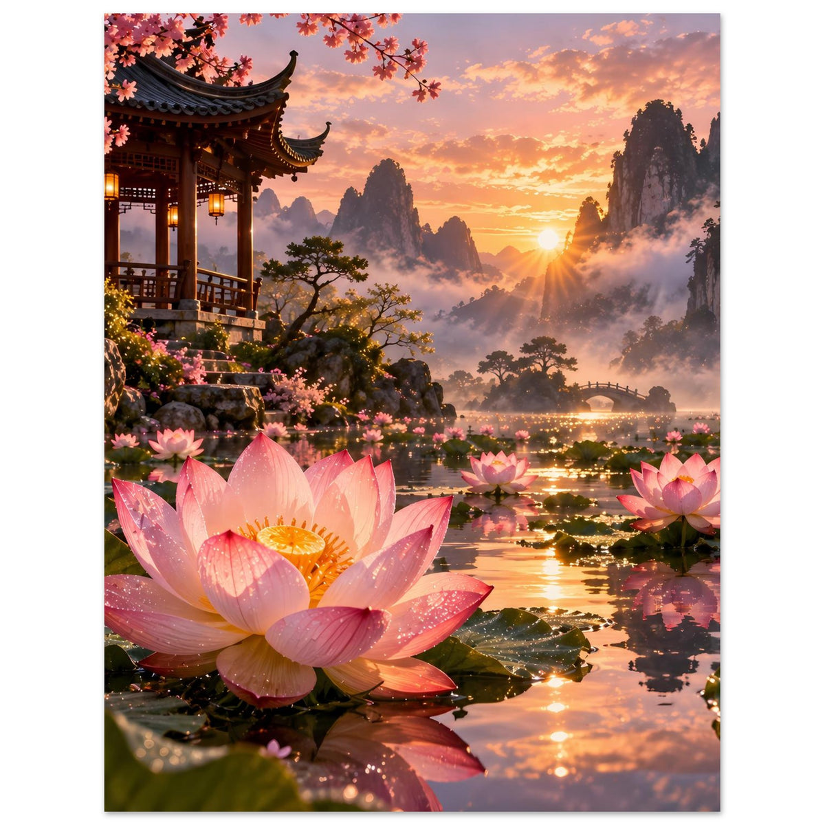 Poster mit pinken Lotusblüten im Vordergrund und Sonnenuntergang über Flusslandschaft