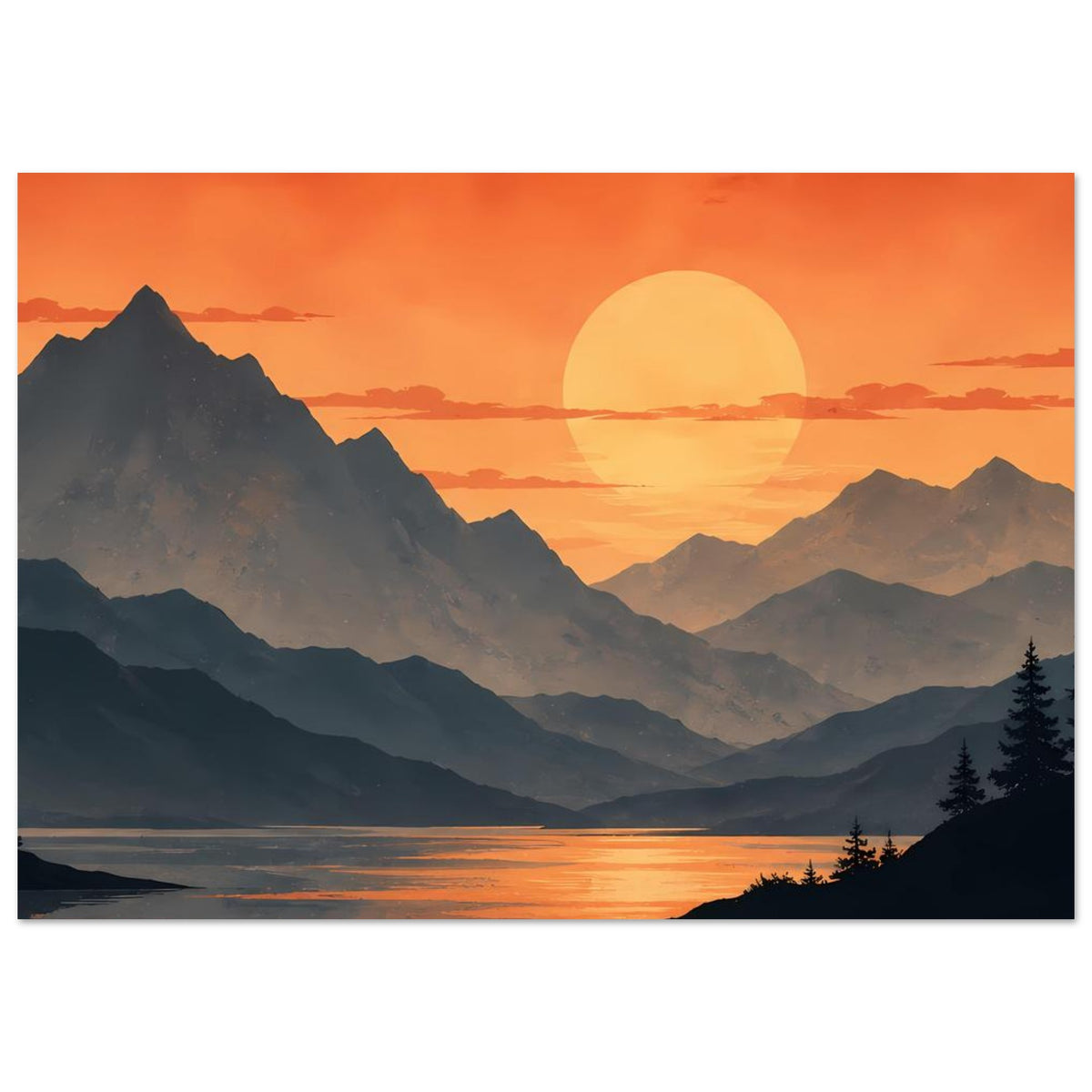 Querformat-Poster: orangefarbener Sonnenuntergang über dunklem Bergtal und See