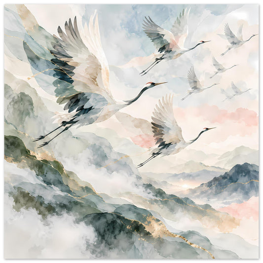 Poster mit fliegenden Kranichen in Aquarellfarben und goldenen Akzenten, Berglandschaft