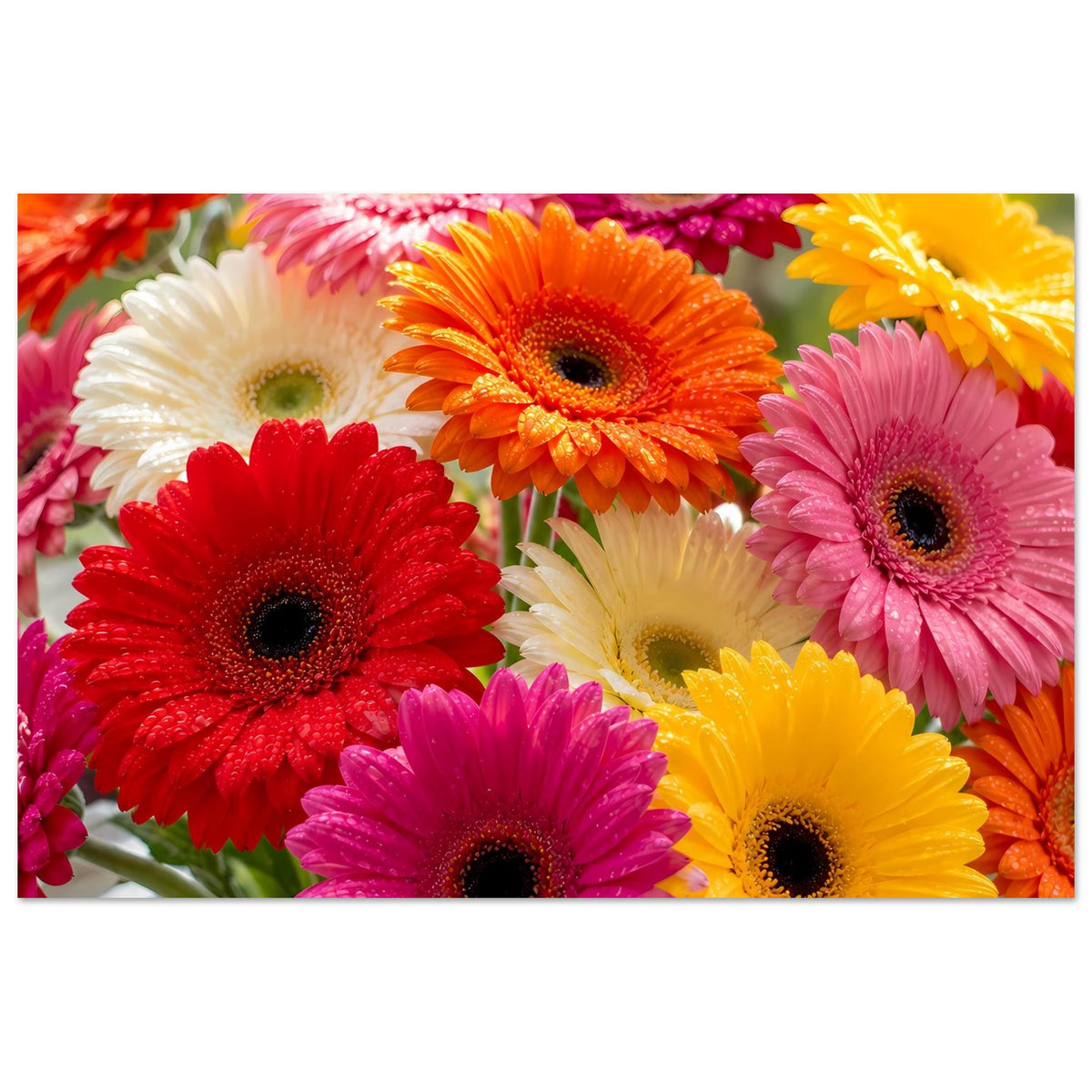 Buntes Gerbera-Blumenposter mit mehreren Gerbera-Blüten in kräftigen Farben, frontal