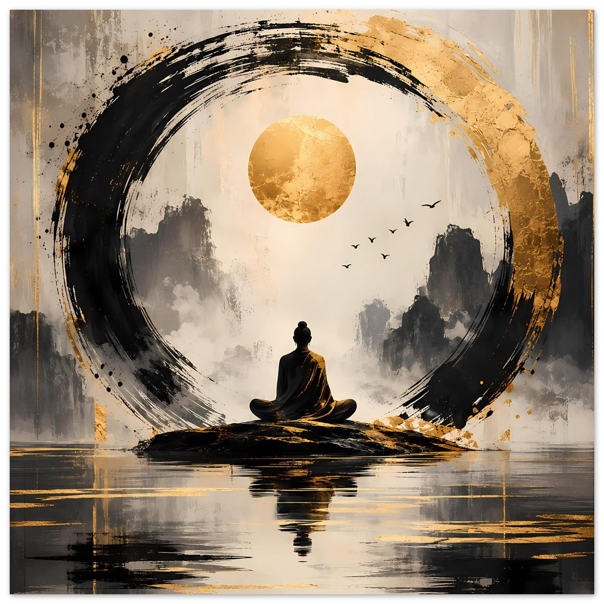 Meditationsposter mit goldenem Mond, schwarzem Pinselkreis, Vögeln und meditierender Figur