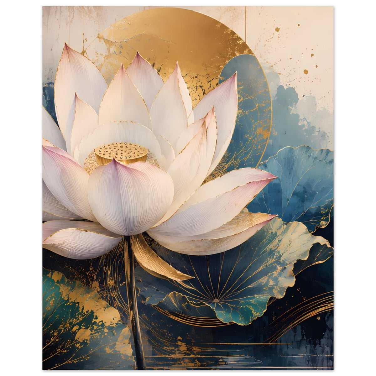 Poster mit großen weißen Lotusblüten, blau-goldenem Hintergrund und dekorativen Sprenkeln