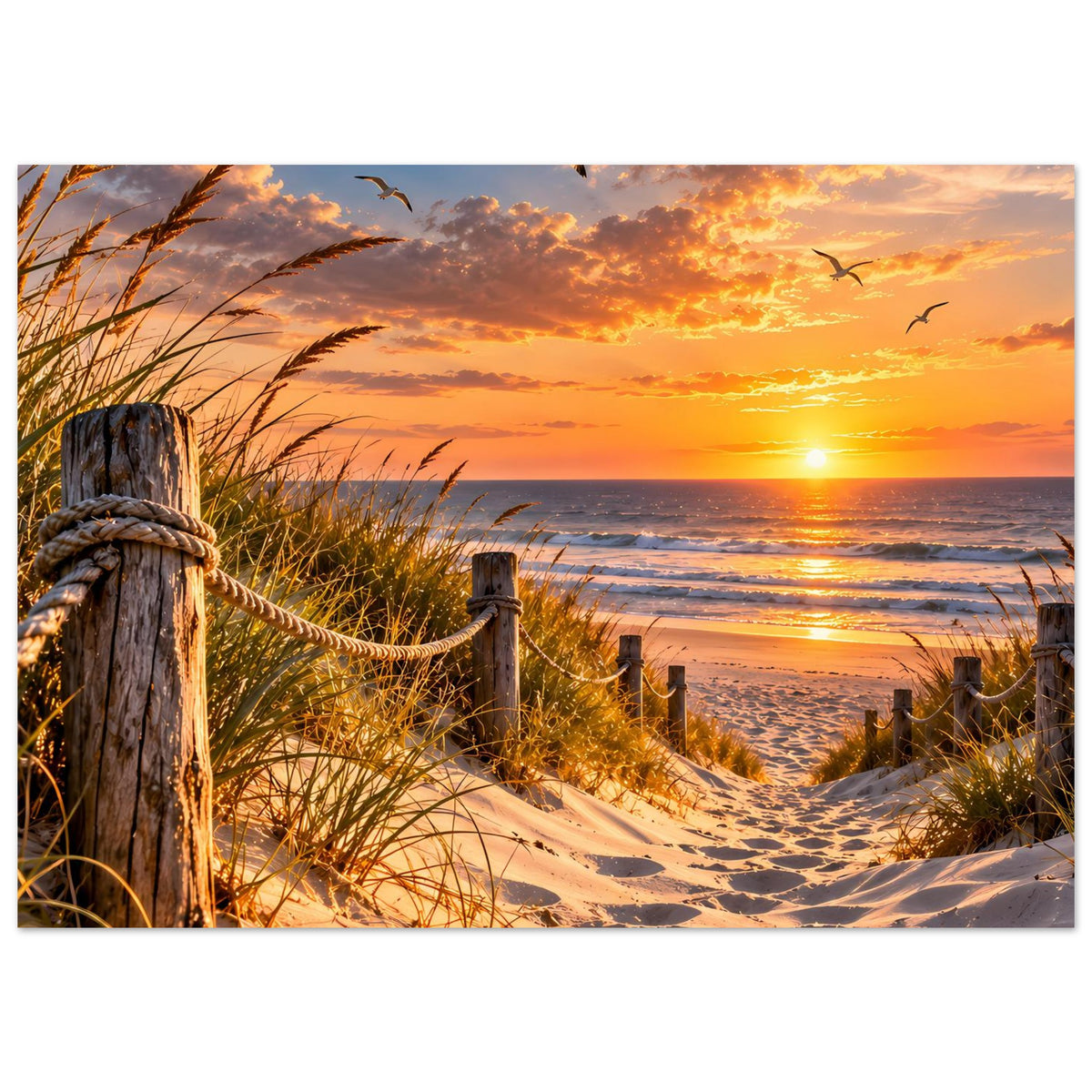 Wandposter mit Dünenweg und Zaunpfosten am Sonnenuntergangsstrand