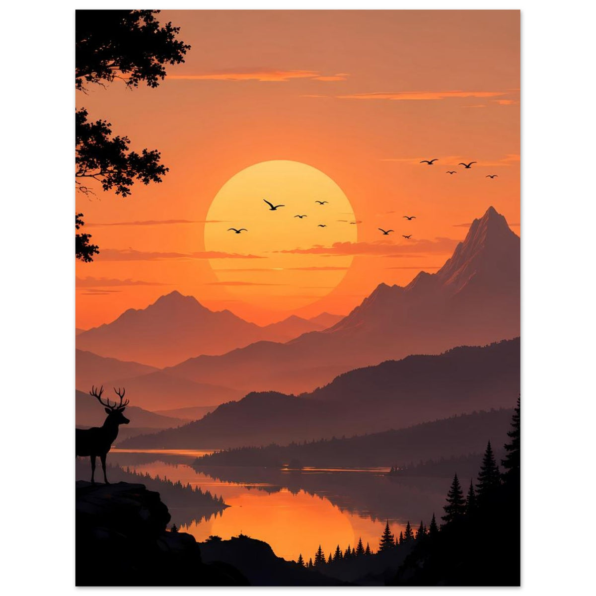Poster: Abendsonne über Bergen und spiegelndem See, Tannen und fliegende Vögel, Hirsch im Vordergrund.
