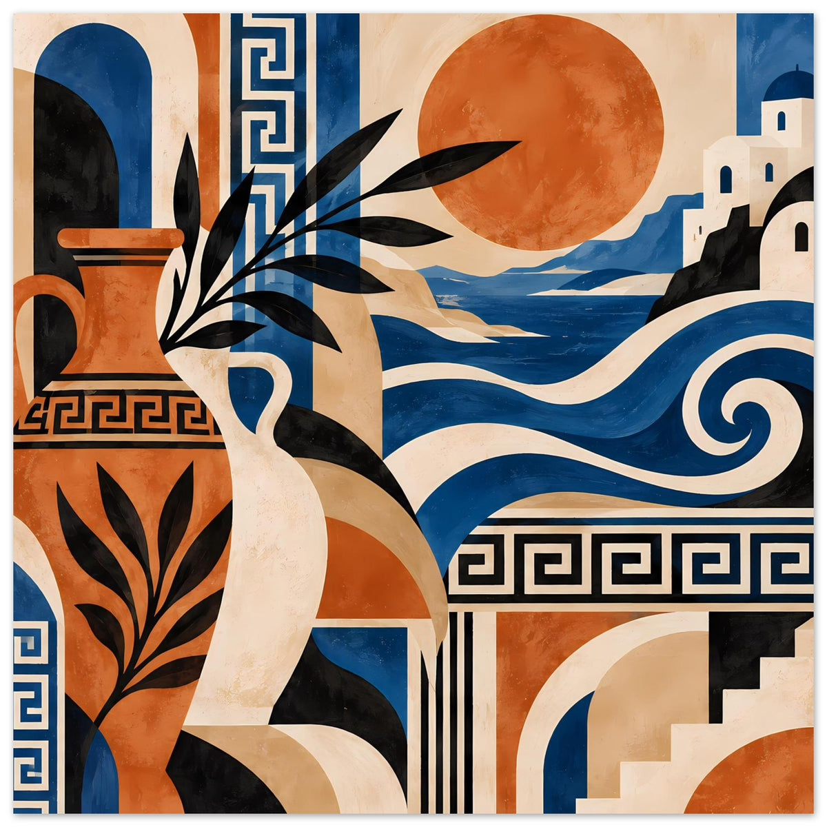 Mediterranes Kunstposter mit Frau, Sonne, Wellenstreifen und griechischem Schlüsselmuster