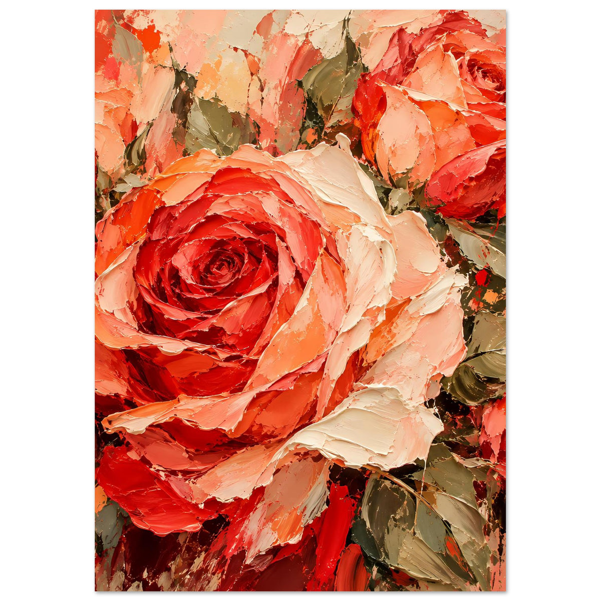 Blumenposter mit Rosenbouquet und Blättern in warmen Rot- und Beigetönen
