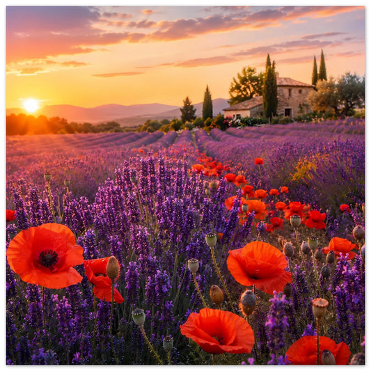 Vertikales Poster mit Lavendelfeld, orange Mohnblumen und Sonnenuntergang über Landschaft