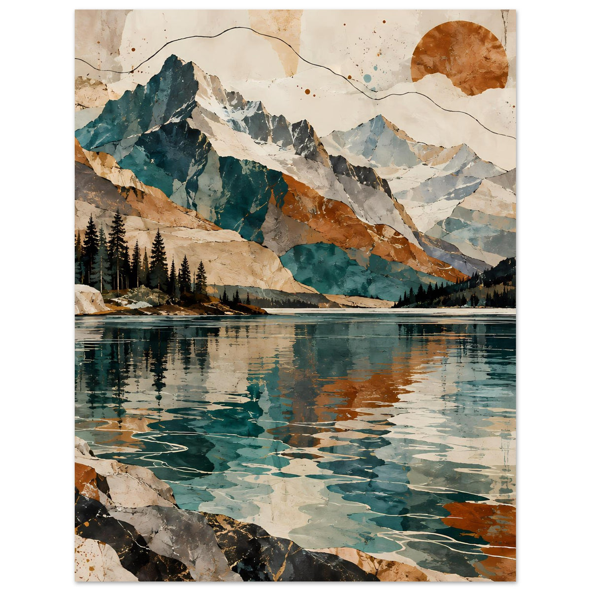 Wandposter mit Bergsee und Nadelwald, Blau- und Brauntöne, Vintage-Papierstruktur