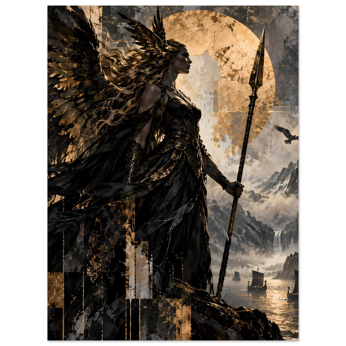 Kunstposter mit düsterer Walküre in Schwarz und Gold, mit Speer vor großem Halbmond