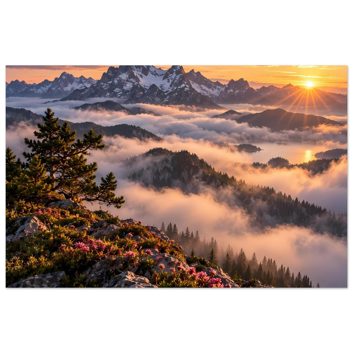 Poster im Querformat mit Bergpanorama, Sonnenaufgang, Tannenwald und Nebel