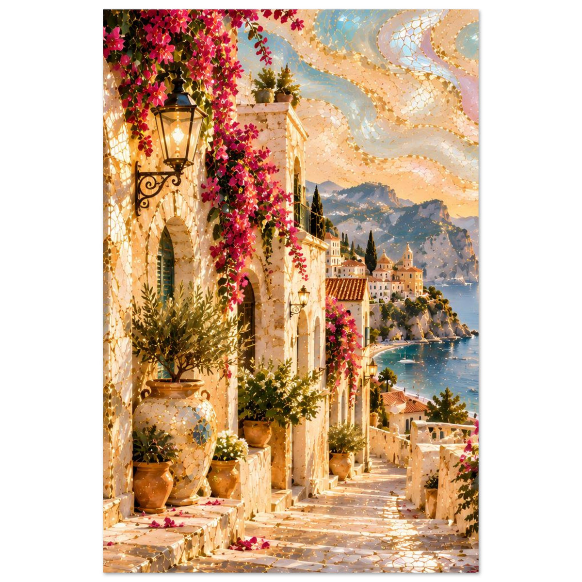 Poster mit mediterraner Straße, Laternen, roten Blüten entlang der Bögen und Meerblick