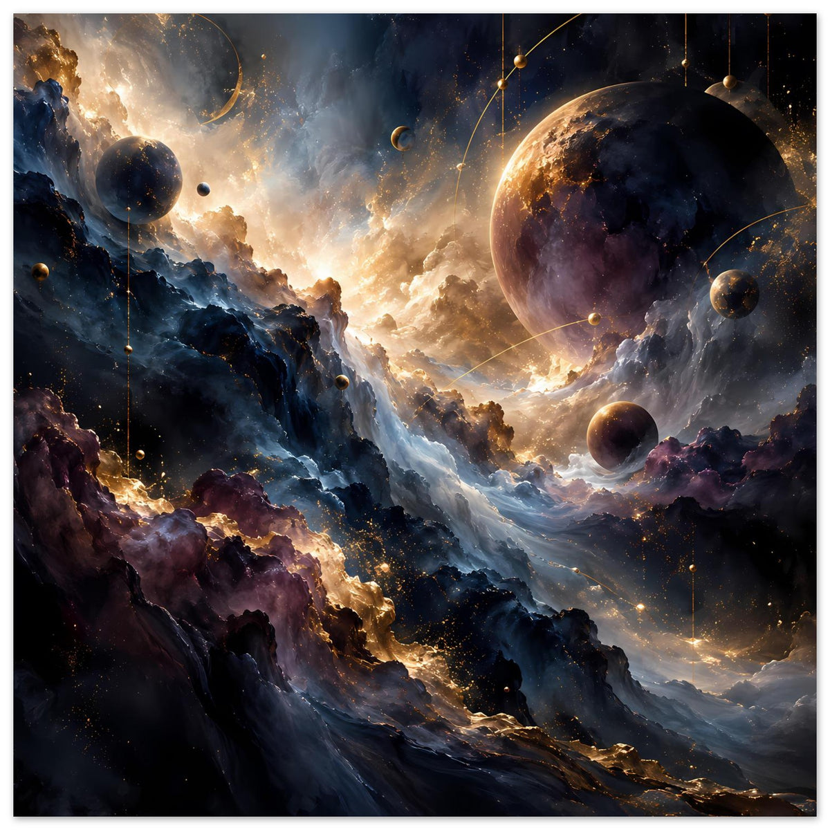 Weltraum-Kunstposter mit Planeten, violetten Gaswolken und goldenen Lichtlinien im Detail