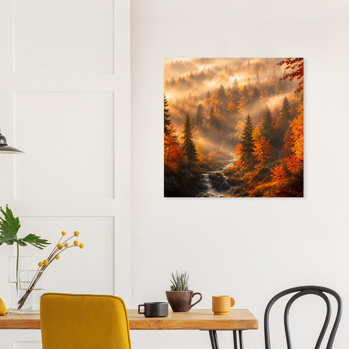 Waldlandschafts-Poster mit Bachlauf, herbstlich gefärbten Bäumen und Sonnenstrahlen