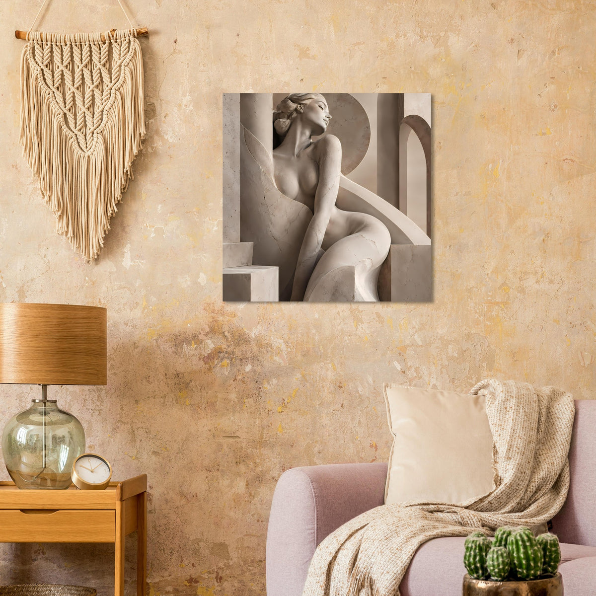 Skulpturen-Porträtposter mit sitzender Aktfigur und Säulenbogen im Sepia-Look